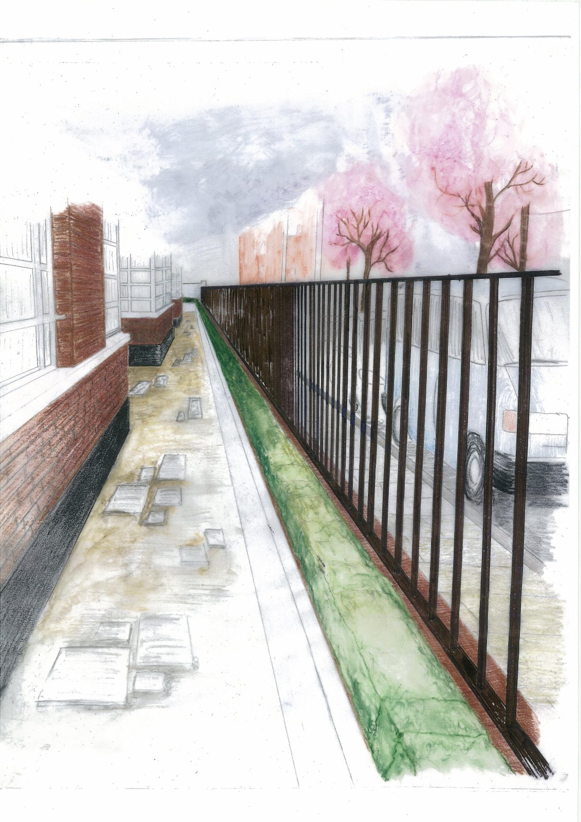 Hand-drawn perspective of the Whitechapel scheme in coloured pencil and watercolour